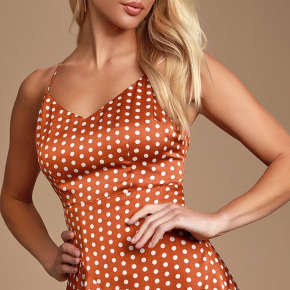 Rust Brown Polka Dot Backless Handkerchief Dress - Picture 2 of 6